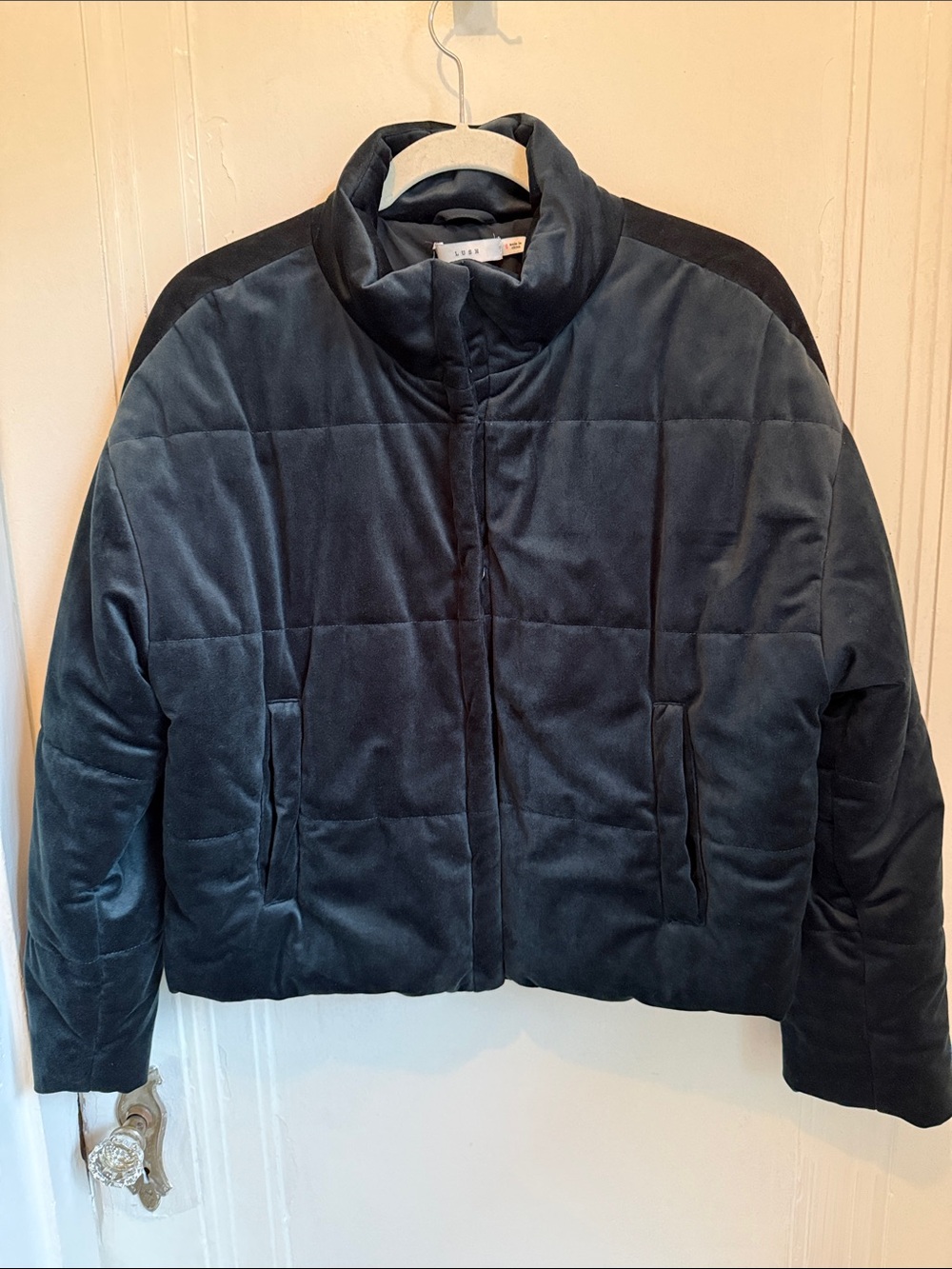 Lush Deep Forest Green Quilted Velvet Puffer Jacket